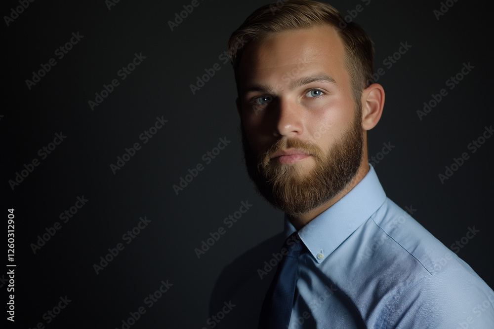 Professional portrait of a 30-year-old man wearing a light blue shirt, dark jacket, and tie, with a short beard and neatly styled hair, set against a black background for a sharp and sophisticated loo Professional portrait of a 30-year-old man wearing a light blue shirt, dark jacket, and tie, with a short beard and neatly styled hair, set against a black background for a sharp and sophisticated loo