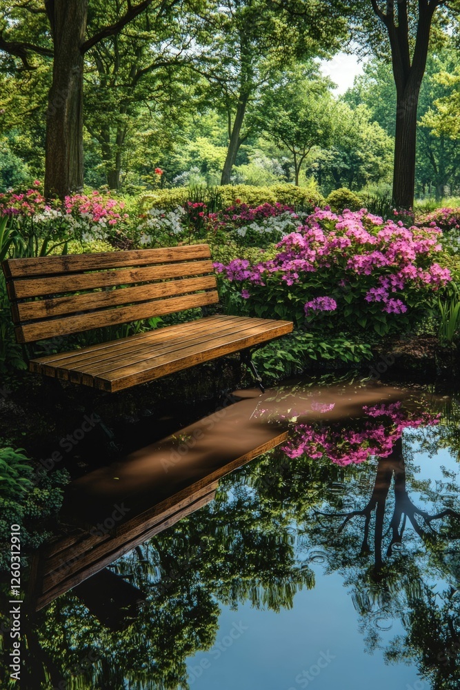 Obraz premium Serene wooden bench reflects in tranquil garden pond.