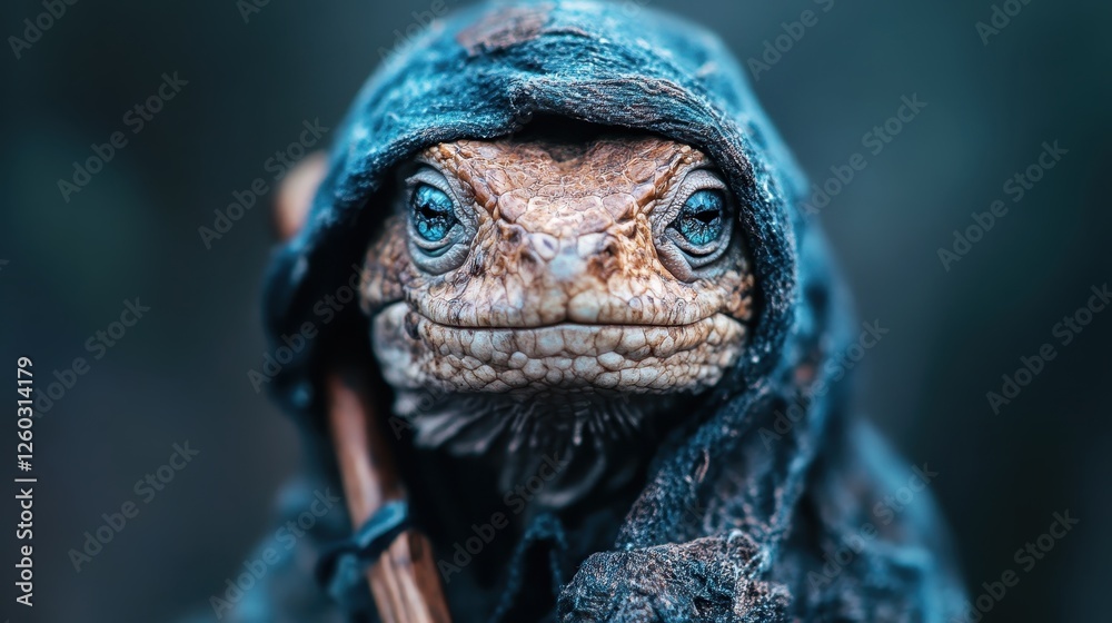 A detailed image of a lizard dressed in a hood and holding a staff, set in a fantastical world, embodying wisdom and adventure, creating a narrative. A detailed image of a lizard dressed in a hood and holding a staff, set in a fantastical world, embodying wisdom and adventure, creating a narrative.