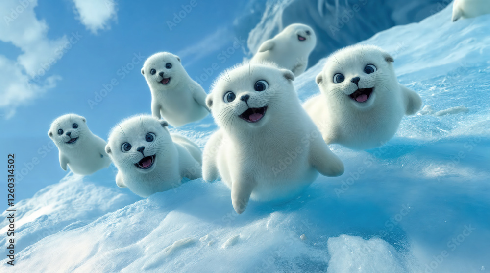 Group of animated seal pups on a snowy landscape with a clear blue sky in the background. Group of animated seal pups on a snowy landscape with a clear blue sky in the background.