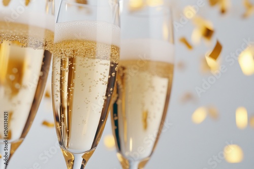 Celebration with champagne glasses sparkling amidst golden confetti photo