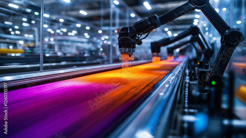 A precision textile facility, where robotic arms replace traditional looms, feeding rainbow-colored threads into automated weaving machines with digital precision. photo