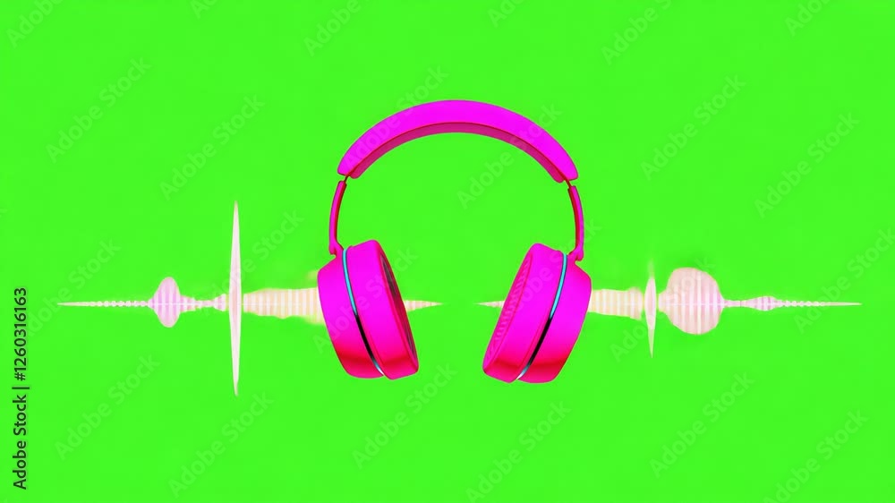 Bright pink over-ear headphones with glowing sound wave visuals on a vivid green background, representing music, technology, and audio experience.
