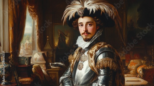 Elegant young nobleman in ornate attire, regal portrait.