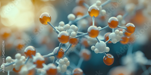 Macro shot of molecular structure with white and orange atoms, Close-up view of chemical molecular structure with glowing atoms