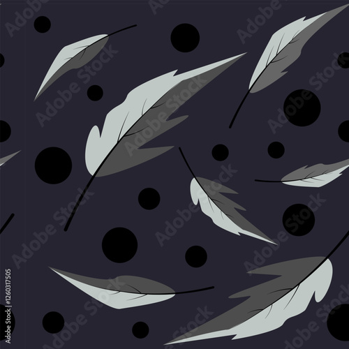 Many feathers circling on a black background. Seamless pattern on a black and white background. Vector drawing.