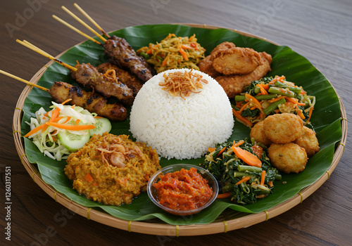 A delicious serving of Nasi Campur on a wooden table with a natural background, featuring rice, fried chicken, and assorted vegetables. photo