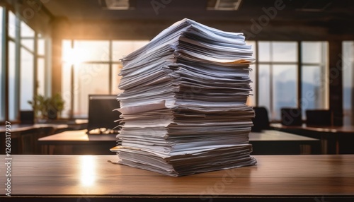 tall stack of papers on wooden desk in office setting  photo