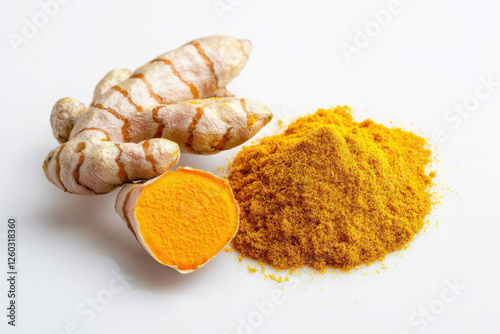Fresh turmeric root and bright yellow turmeric powder on a white background. isolated on white background.
