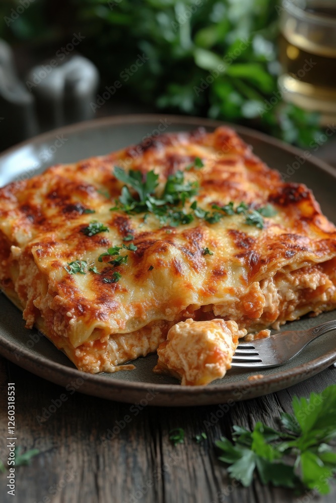 Italian lasagna with layers of pasta, cheese, and tomato sauce served on a rustic plate with fresh parsley garnish
Italian lasagna with layers of pasta, cheese, and tomato sauce served on a rustic plate with fresh parsley garnish