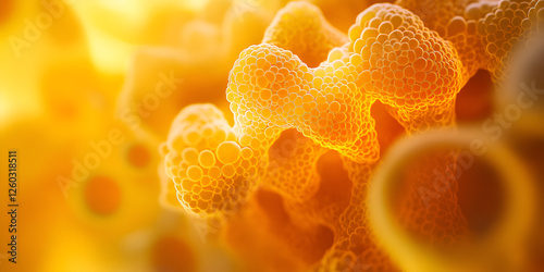 Abstract close-up of yellow bubbles with texture, organic design, Magnified view of yellow foam with organic texture in nature