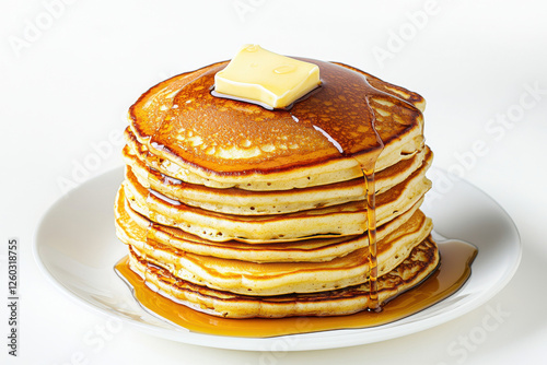 Stack of fluffy pancakes topped with butter and drizzled with syrup. isolated on white background.
