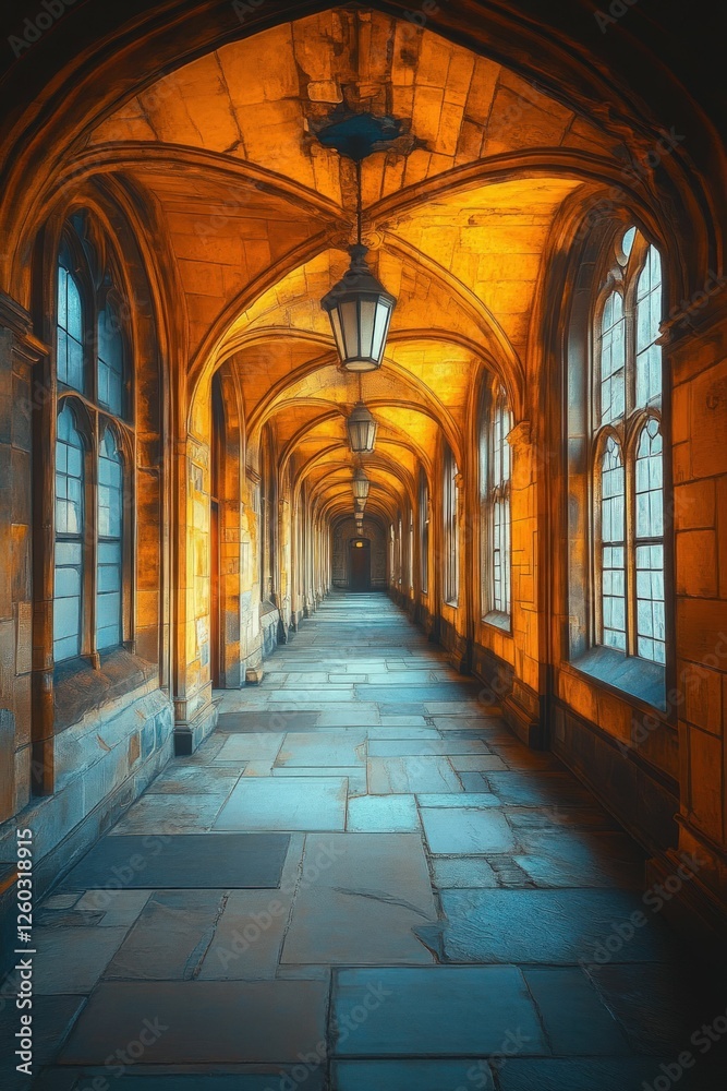 Serene stone corridor, arched ceiling, warm light. Serene stone corridor, arched ceiling, warm light.