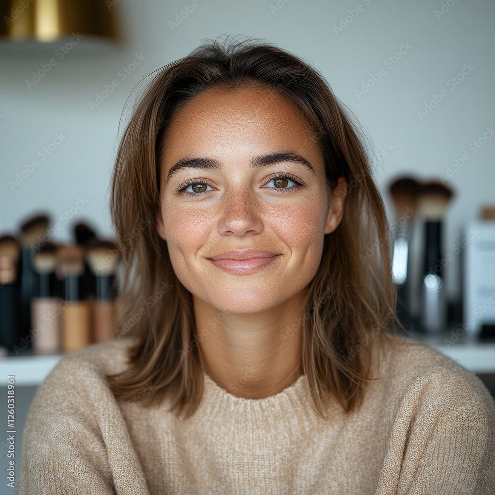 Young caucasian female smiling in cozy home setting with makeup brushes Young caucasian female smiling in cozy home setting with makeup brushes