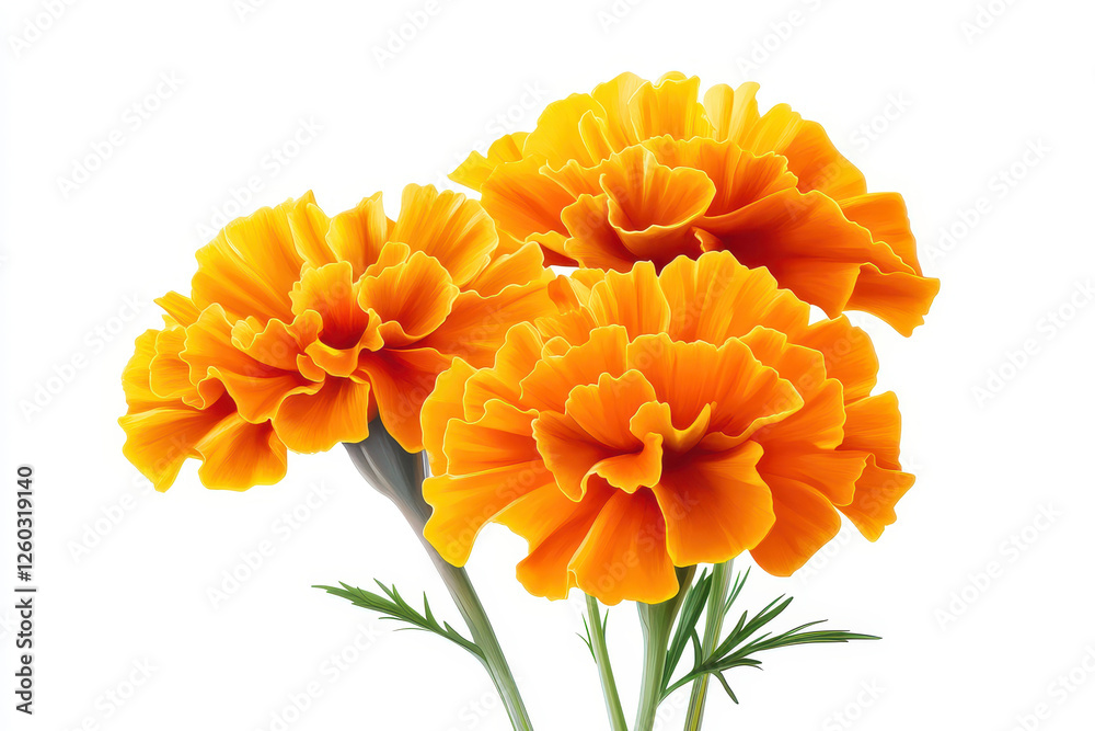 Vibrant orange marigold flowers in full bloom against a clean white background. isolated on white background. Vibrant orange marigold flowers in full bloom against a clean white background. isolated on white background.