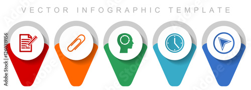 Education pointer collection, miscellaneous icons such as register, attach, head, clock and navigation arrow, flat design vector infographic template in eps 10