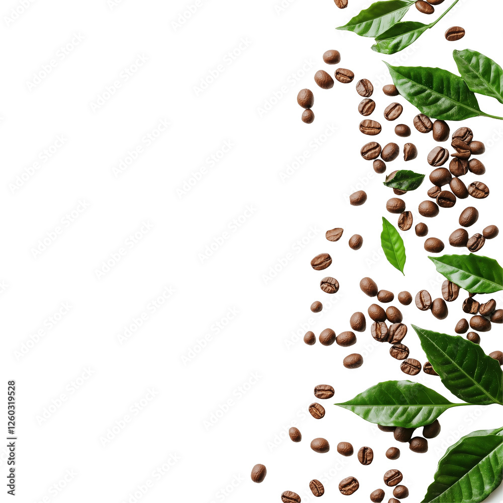 Coffee Bean and Leaf Border: A vibrant and aromatic border composed of scattered coffee beans and fresh green leaves, arranged along the right edge. Coffee Bean and Leaf Border: A vibrant and aromatic border composed of scattered coffee beans and fresh green leaves, arranged along the right edge.