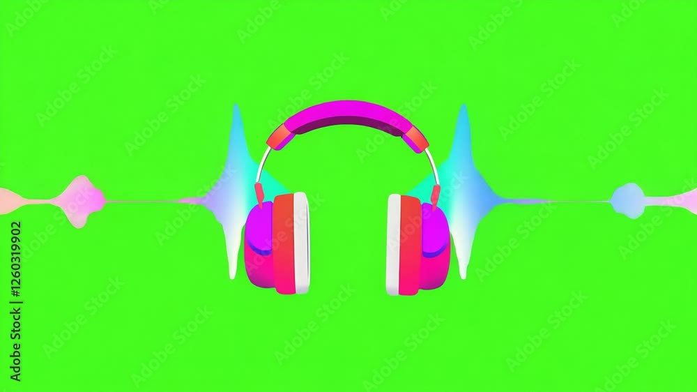 Bright pink over-ear headphones with glowing sound wave visuals on a vivid green background, representing music, technology, and audio experience.
