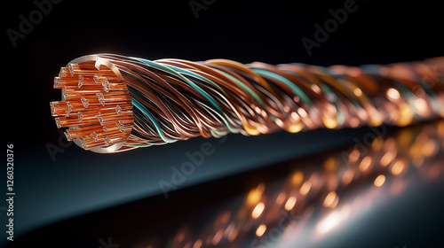 A cross-section of a multi-core electrical cable, displaying intricately woven copper conductors, each strand encased in colored insulation, resting on a reflective steel surface. photo