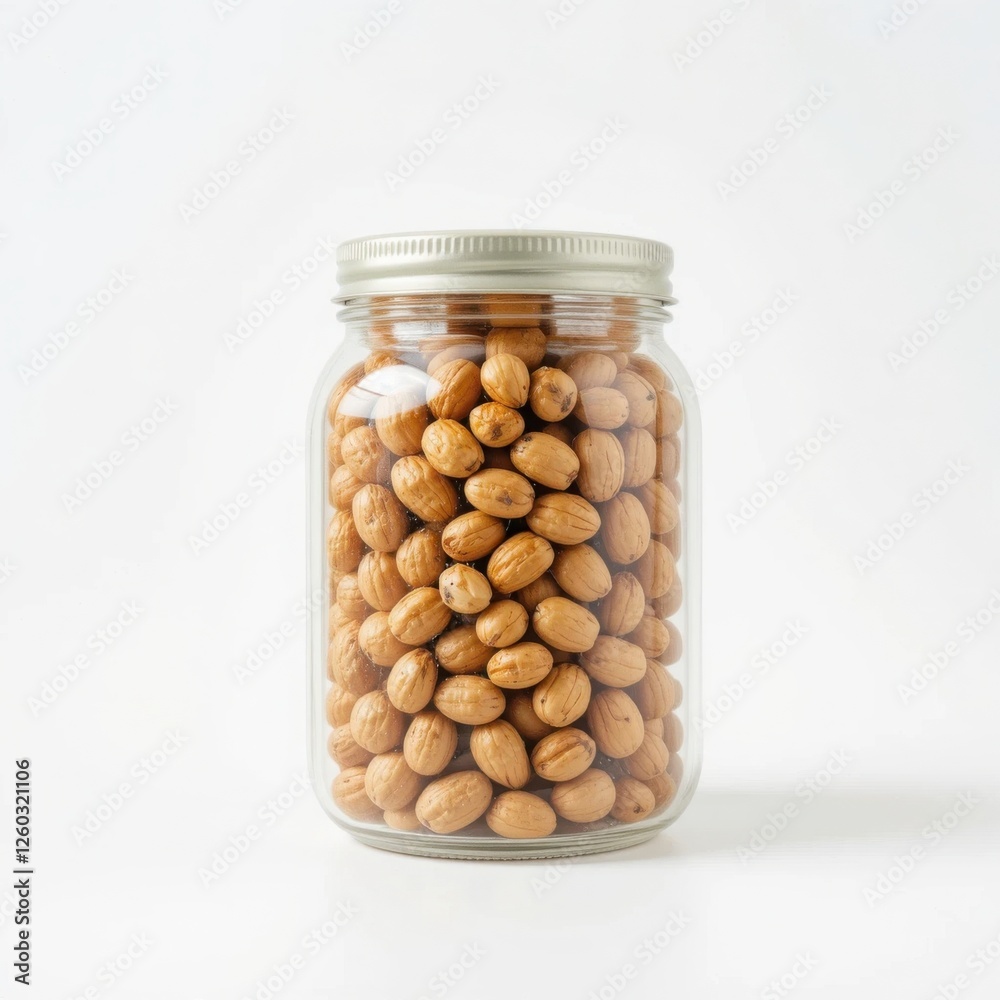 Glass Jar Filled with Roasted Hazelnuts, Crunchy and Nutritious Snack Glass Jar Filled with Roasted Hazelnuts, Crunchy and Nutritious Snack