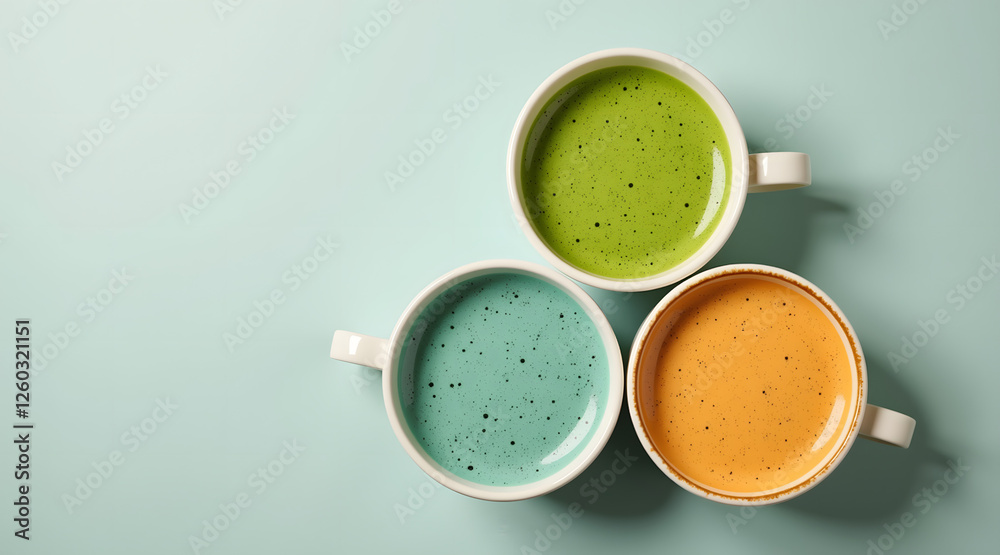 A symmetrical top-down view of colorful matcha lattes in green, blue, and orange arranged in a triangle on a clean pastel background