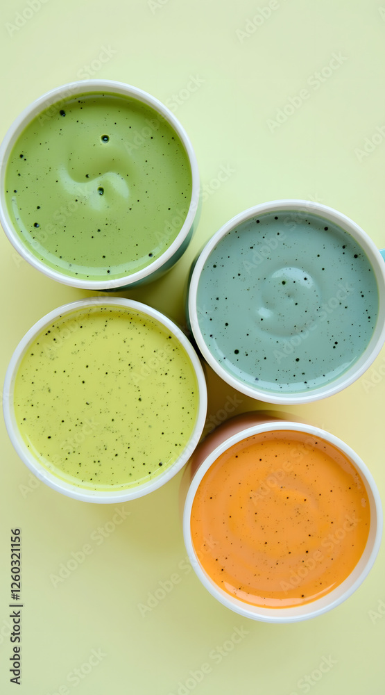 Fototapeta premium A symmetrical top-down view of colorful milk shakes in green, blue, orange, and yellow arranged in a neat triangle on a clean, pale background