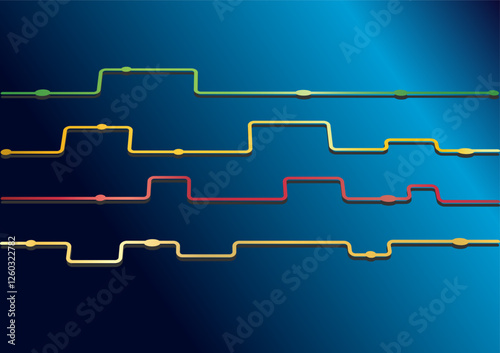 Abstract illustration of dark blue gradient background with multicolored lines. Electrical circuit. Technology. Semiconductor.