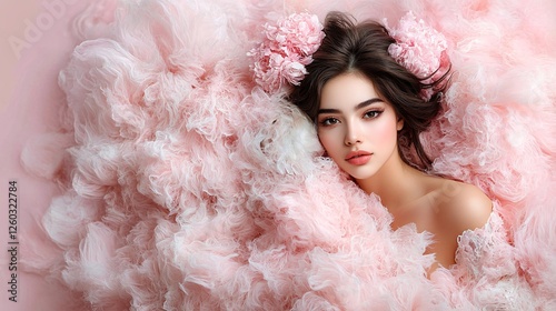 Ethereal Beauty with Soft Pink Furs and Delicate Floral Accents in a Dreamy Portrait Setting