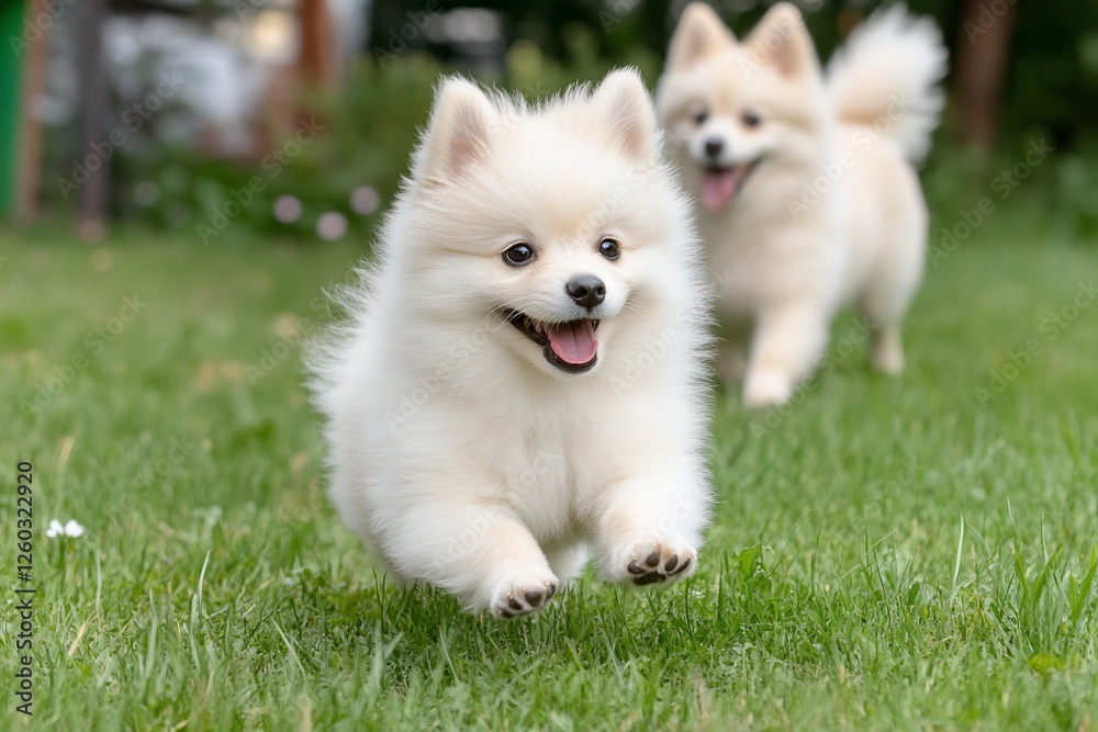Two playful Pomeranian puppies running joyfully in a green park Two playful Pomeranian puppies running joyfully in a green park
