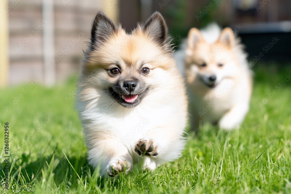 Two playful Pomeranian dogs running joyfully through a sunny garden Two playful Pomeranian dogs running joyfully through a sunny garden