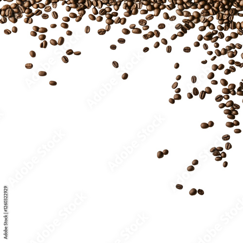 Coffee Bean Cascade: Roasted coffee beans scatter and fall, creating a dynamic and delicious corner composition, perfect for coffee shop menus, packaging, or blog headers.