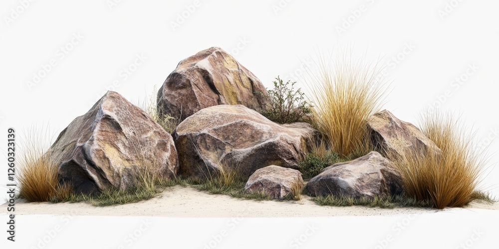 A majestic white sand dune cradles a rugged, brown boulder at its heart, flanked by swaying grasses beneath a vast sky, creating an enchanting outdoor tableau. A majestic white sand dune cradles a rugged, brown boulder at its heart, flanked by swaying grasses beneath a vast sky, creating an enchanting outdoor tableau.