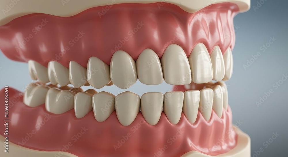 Obraz premium A highly detailed close-up of a set of artificial dentures with shiny lifelike teeth and pink gums