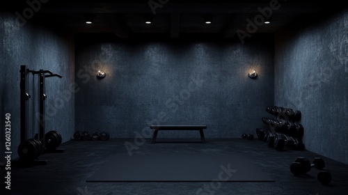 Dark gym interior, weightlifting equipment, concrete walls, workout space, fitness