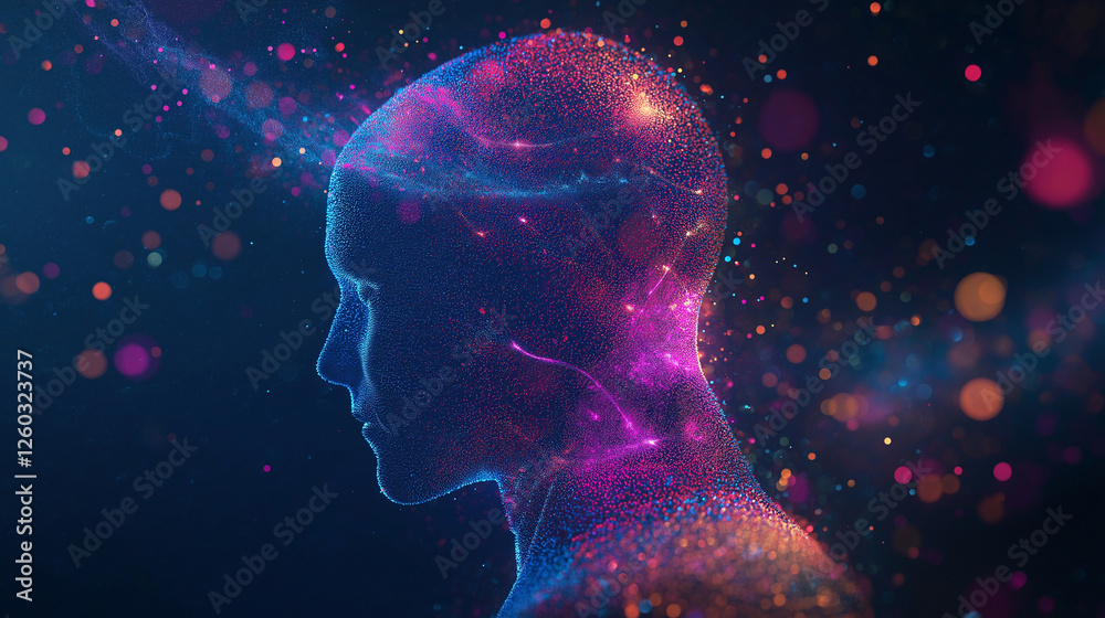 Abstract blue silhouette of a human head with a visible brain in a space-like illustration, A holographic human head for science and medicine Abstract blue silhouette of a human head with a visible brain in a space-like illustration, A holographic human head for science and medicine