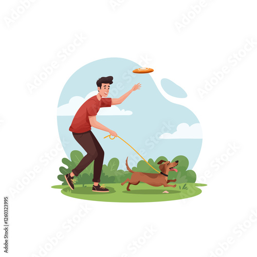 Man Playing Fetch with Happy Dachshund Dog in a Park