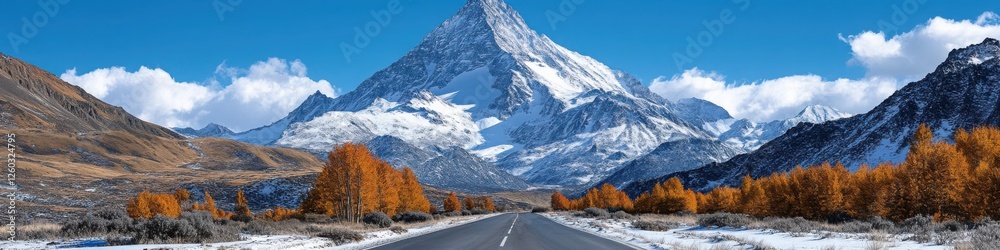 Fototapeta premium Straight road leading towards the snow-capped Mount Damavand, surrounded by golden autumn trees under a clear blue sky