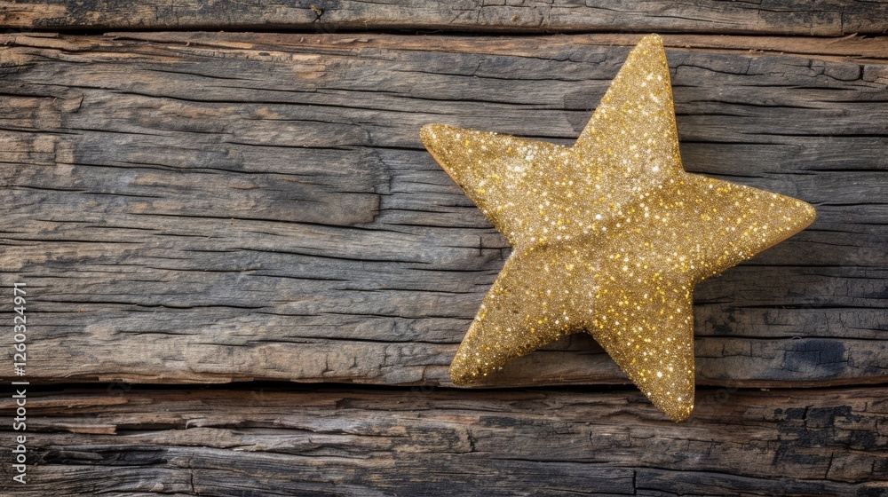 A glittery golden star ornament placed on rustic, textured wood for a cozy holiday aesthetic, capturing the spirit of festive charm and artisanal decor. AI generated. A glittery golden star ornament placed on rustic, textured wood for a cozy holiday aesthetic, capturing the spirit of festive charm and artisanal decor. AI generated.