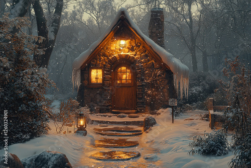 Cozy stone cottage in snowy winter forest with warm lighting