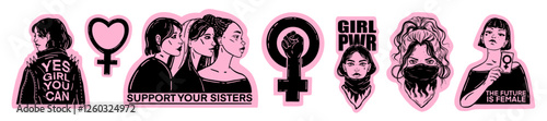 Girl power sticker set vector hand drawn woman rights illustration 8 March celebration feminist icon. Female diverse portrait, strong lady quote, society protest fight concept. Girl power emblem kit