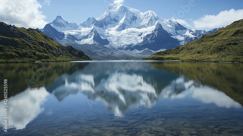 Mountain lake reflection, serene alpine landscape, peaceful background, travel poster