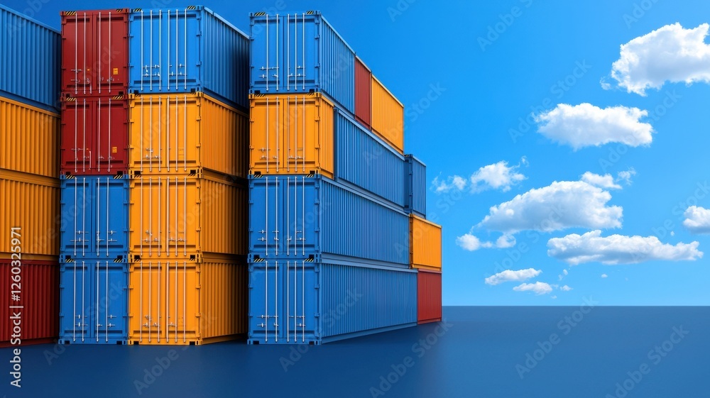 Fototapeta premium A stack of colorful shipping containers against a clear blue sky, showcasing vibrant colors of orange and blue, ideal for transport and logistics imagery.