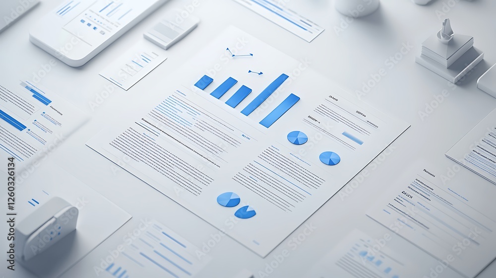 Business Documents and Charts on Desk, featuring bar graphs, pie charts, and reports Business Documents and Charts on Desk, featuring bar graphs, pie charts, and reports