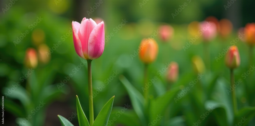 A delicate tulip blooms on a green stem amidst lush foliage, garden, plants A delicate tulip blooms on a green stem amidst lush foliage, garden, plants