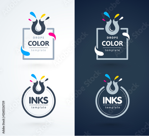 Set Logos Printing theme CMYK Drops inks. Template design vector.