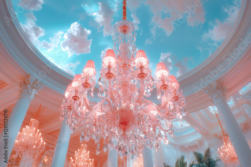 Elegant crystal chandelier in luxurious ballroom with ornate ceiling and soft lighting