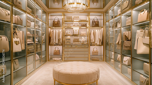 Opulent walk-in closet with glass doors, golden frames, and organized neutral bags, clothes, and seating ottoman.
