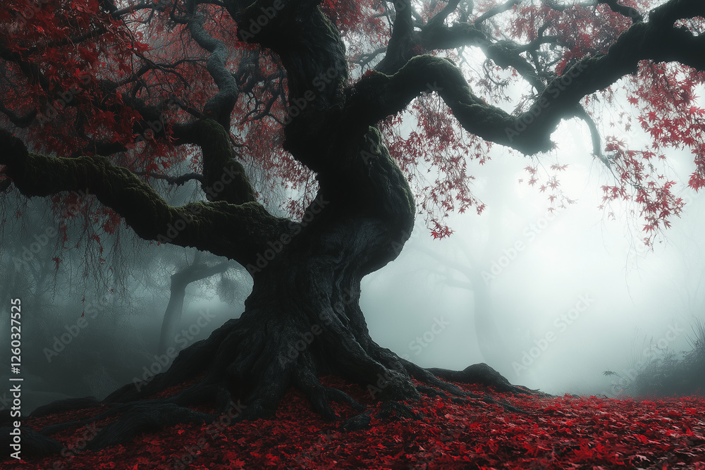 Fototapeta premium Japanese maple tree with vibrant red autumn leaves, framing a breathtaking view of Mount Fuji in the background. 