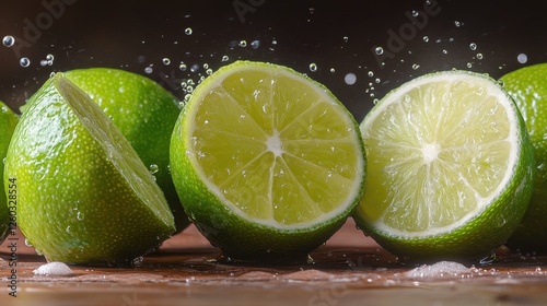 A dynamic shot of lime halves splashing into water, showcasing their vibrancy and freshness, ideal for concepts of vitality and purity in culinary and beverage contexts. photo