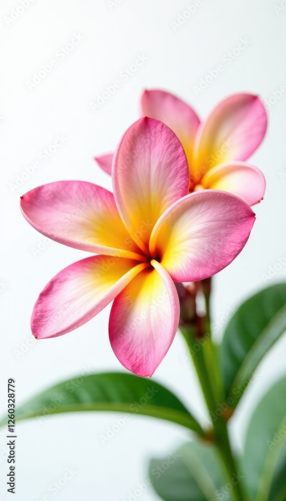 Naklejka premium Delicate frangipani flower on white background, tropical, floral arrangement